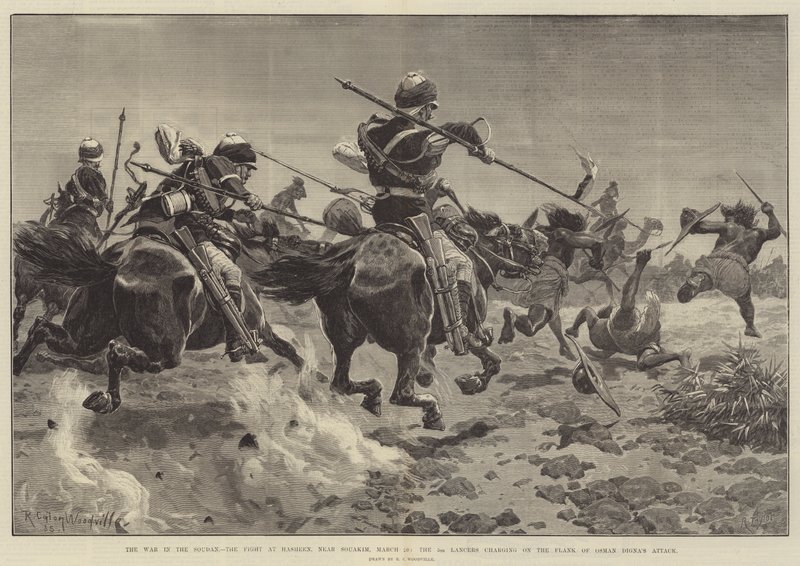 La guerre au Soudan, la bataille de Hasheen, près de Souakim, 20 mars, les 5e lanciers chargeant sur le flanc de l