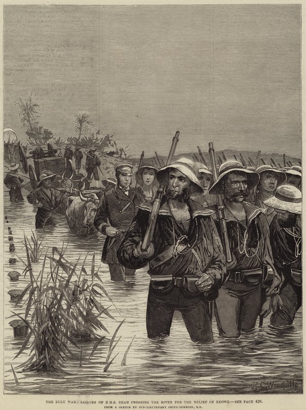 La guerre zouloue, marins du HMS Shah traversant la rivière pour le secours d