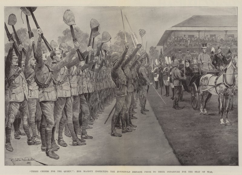 Trois vivats pour la reine ! Sa Majesté inspectant la brigade de la maison avant leur départ pour le théâtre de la guerre - Richard Caton Woodville junior