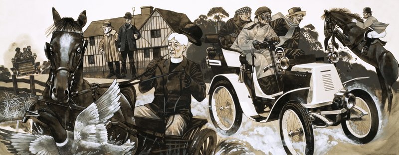 Une nouvelle voiture bruyante effraie les villageois et leurs chevaux - Richard Hook