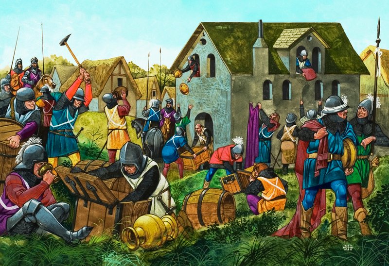 Soldats médiévaux pillant et saccageant - Richard Hook