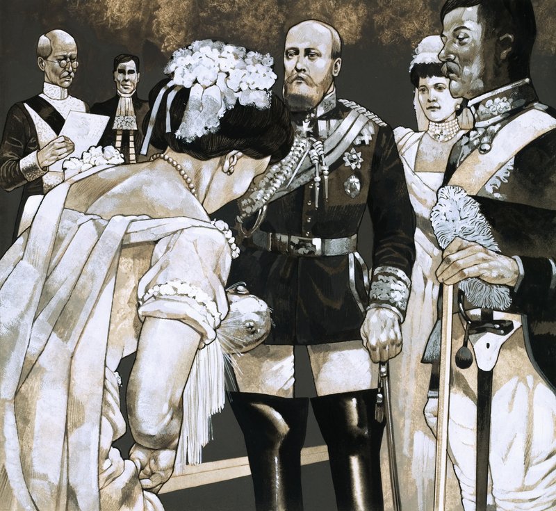 Entourée de fonctionnaires de la Cour vêtus de satin, la jeune débutante a fait une profonde révérence à Leurs Majestés - Richard Hook