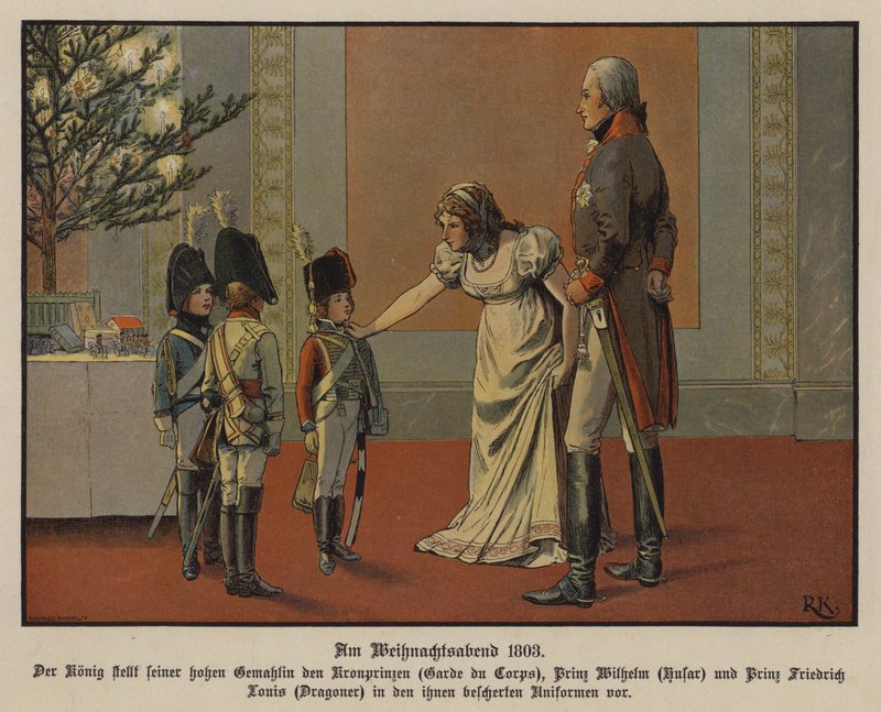 Le roi Frédéric-Guillaume III et la reine Louise de Prusse avec le prince héritier Frédéric-Guillaume, le prince Guillaume et le prince Frédéric Louis en uniformes militaires, veille de Noël - Richard Knotel