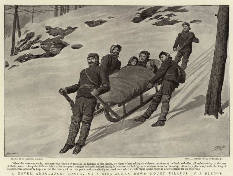 Une ambulance nouvelle, transportant une femme malade en luge sur le mont Pilatus - Robert Barnes