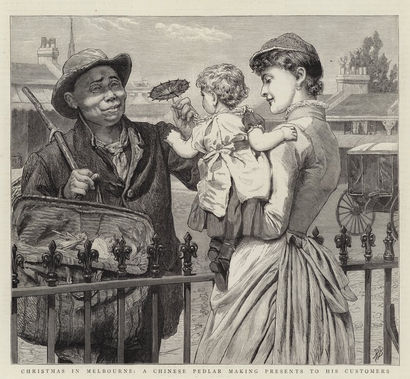 Noël à Melbourne, un colporteur chinois offrant des cadeaux à ses clients - Robert Barnes
