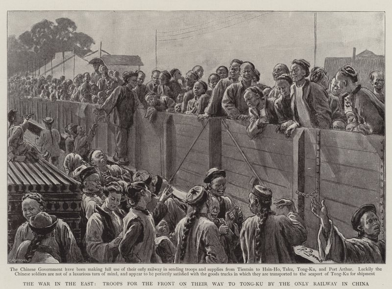 La guerre en Orient, troupes pour le front en route vers Tong-Ku par le seul chemin de fer en Chine - Robert Barnes