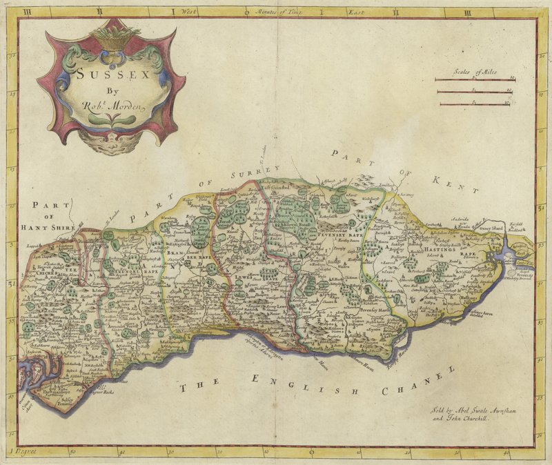 Carte du Sussex (gravure en couleur) - Robert Morden