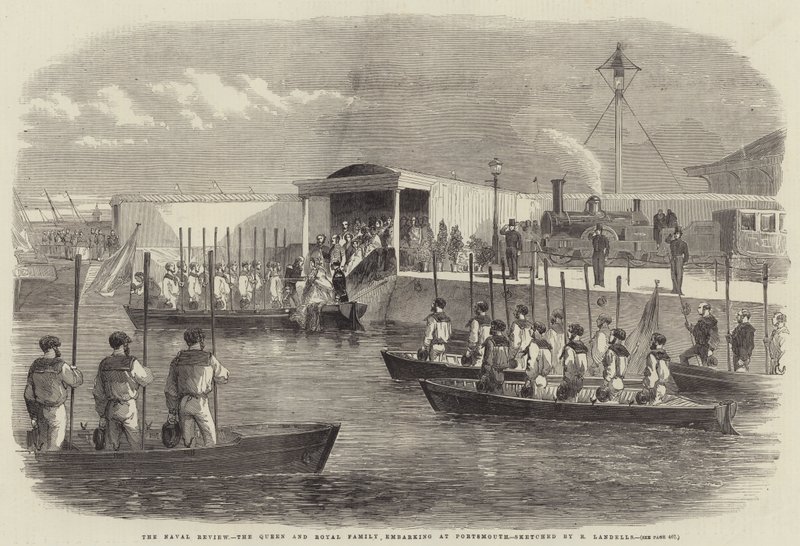 La revue navale, la reine et la famille royale embarquant à Portsmouth - Robert Thomas Landells