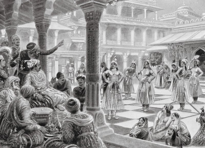 Akbar joue aux dames avec des pièces vivantes à Fatehpur Sikri - Robert Ambrose Dudley