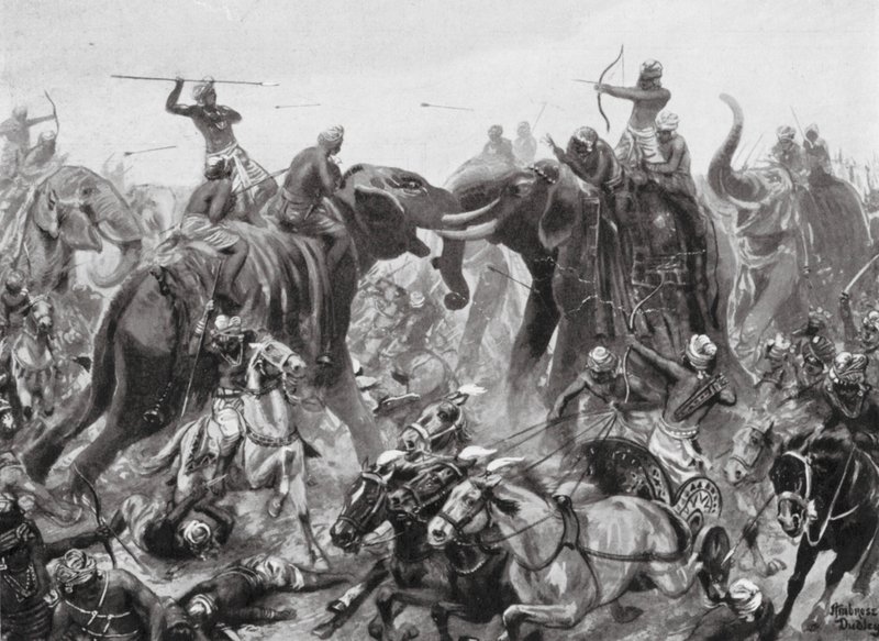 La défaite de Pulikesin II Chalukhya par Mahamalla Pallava à Badami, 642 après J.-C. (lithographie) - Robert Ambrose Dudley
