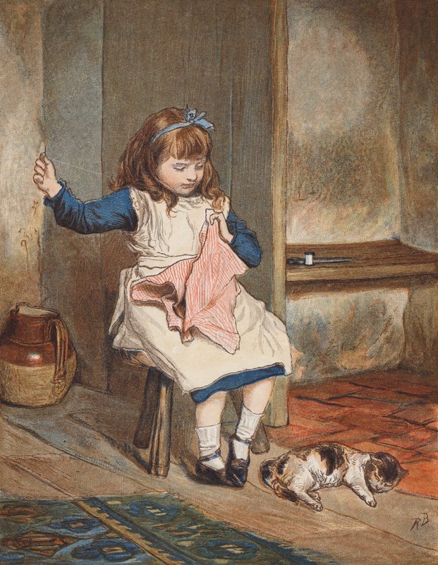 Fille cousant avec un chat à ses pieds - Robert Barnes