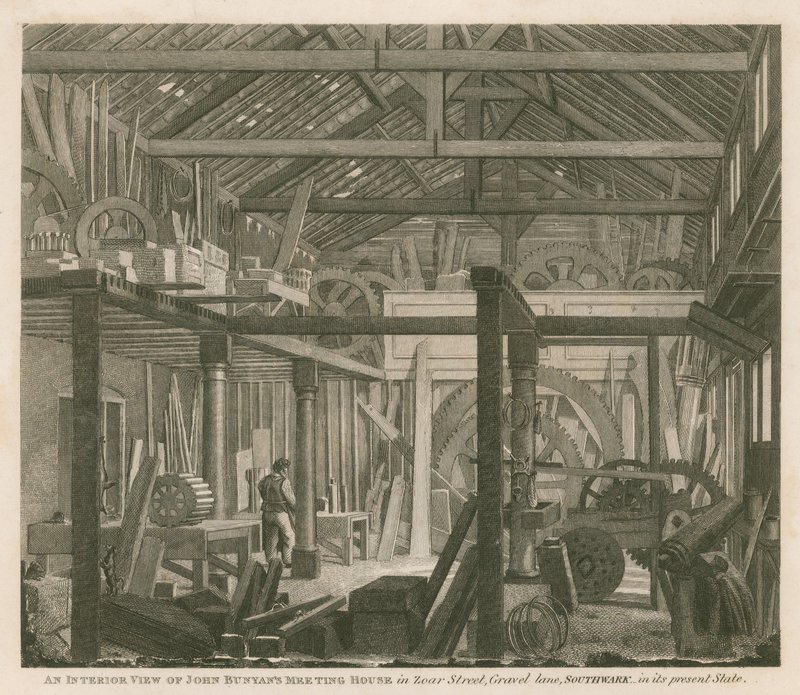 Vue intérieure de la maison de réunion de John Bunyan à Zoar Street, Gravel Lane, Southwark, dans son état actuel - Robert Blemell Schnebbelie