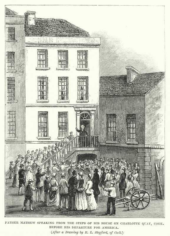 Le Père Mathew parlant des marches de sa maison sur Charlotte Quay, Cork, avant son départ pour l