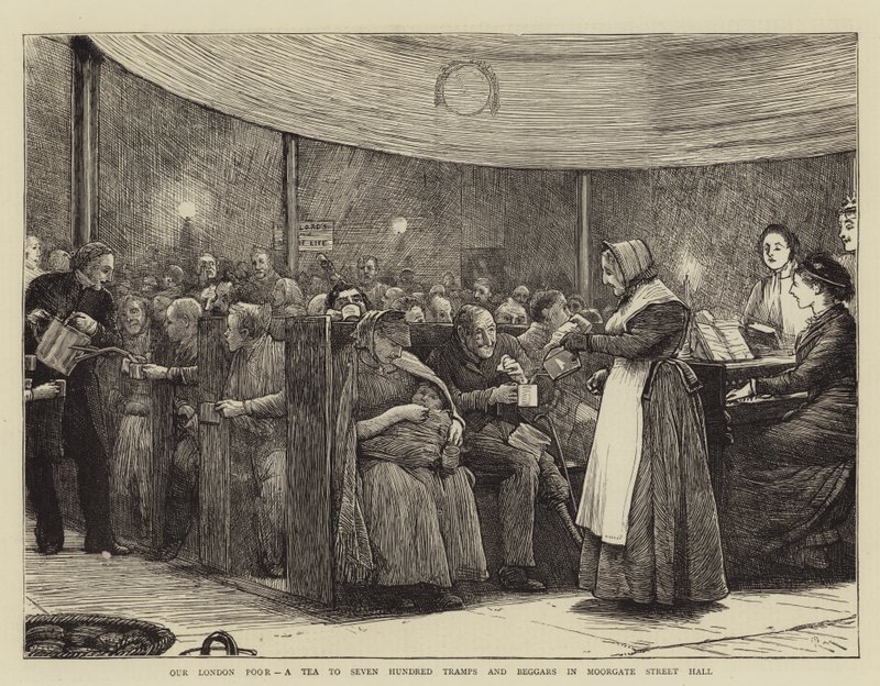 Nos pauvres de Londres, un thé pour sept cents vagabonds et mendiants dans la salle de Moorgate Street - Robert Walker Macbeth