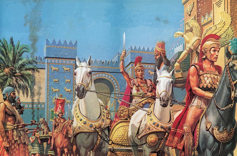 Alexandre le Grand, monté sur son char, entrant en triomphe à Babylone (lithographie en couleurs) - Roger Payne