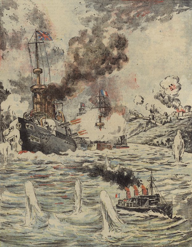 Navires de guerre britanniques et français bombardant les positions turques dans les Dardanelles, 1915 - Romanian School