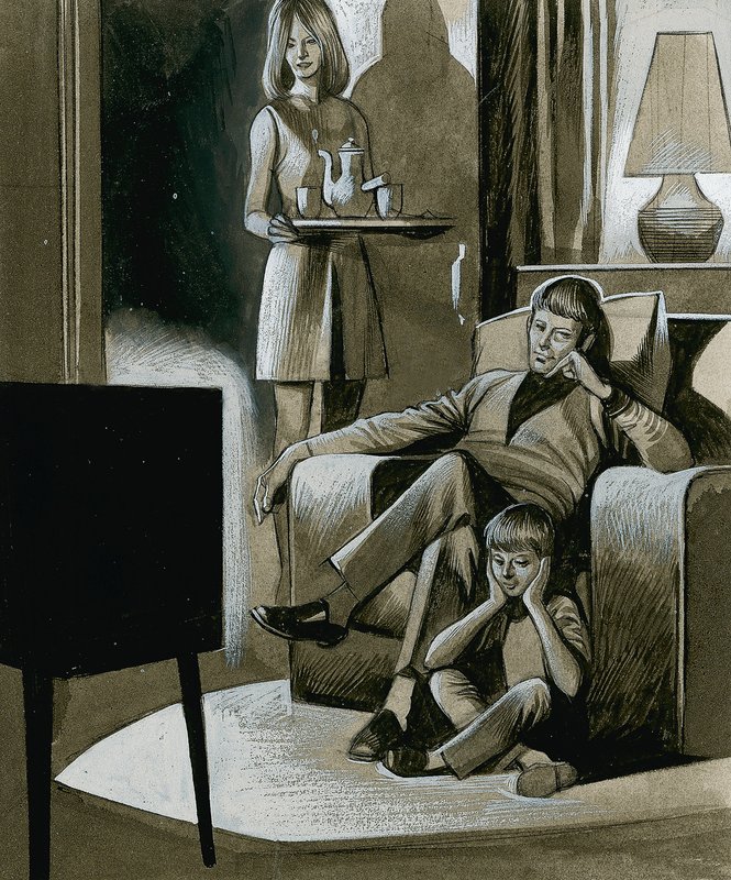 Famille regardant la télévision en noir et blanc dans les années 1960 - Ron Embleton