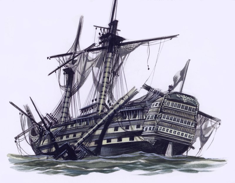 HMS Victory après la bataille de Trafalgar, avec le mât de misaine abattu (gouache sur papier) - Ron Embleton