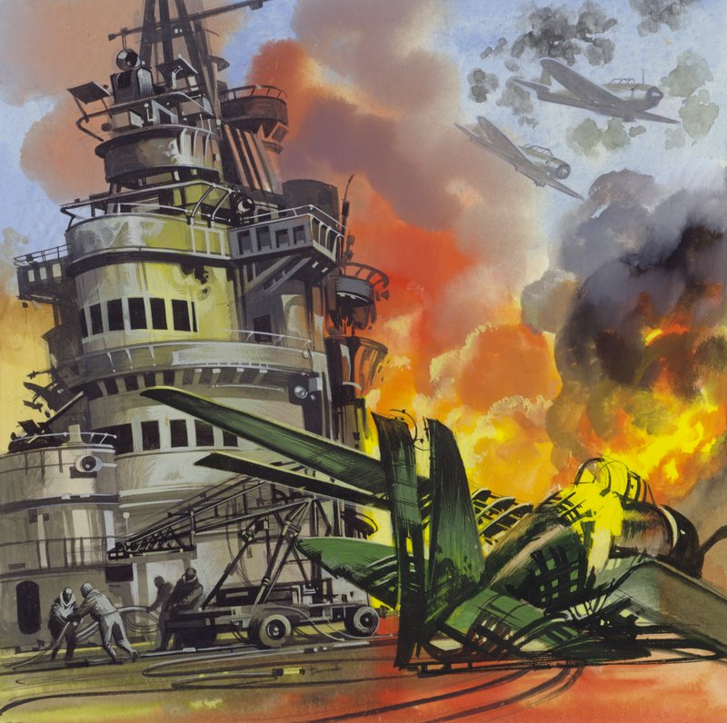 La bataille de Midway (gouache sur papier) - Ron Embleton