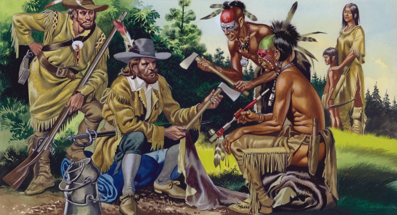 Les Français au Canada, faisant la traite des fourrures avec les Indiens (gouache sur papier) - Ron Embleton