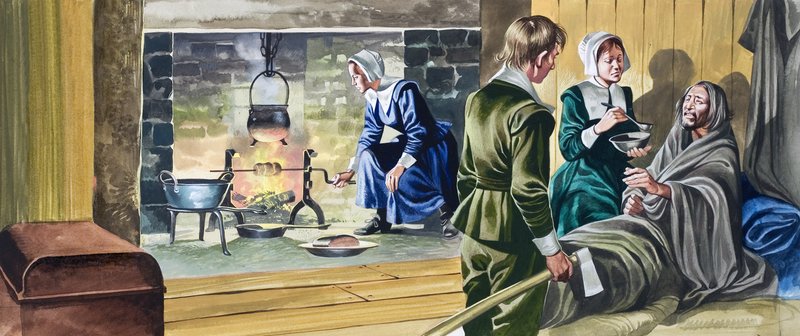 Les Pères pèlerins dans des maisons à moitié construites - Ron Embleton