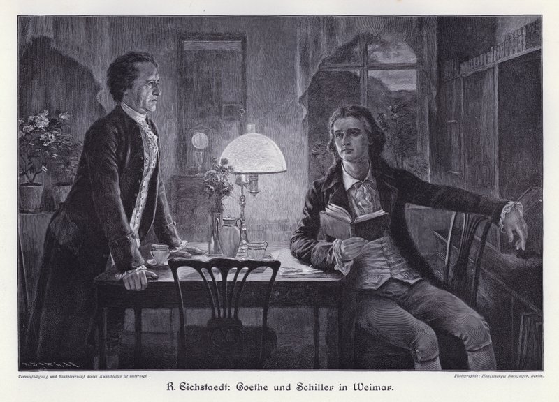 Écrivains allemands Friedrich Schiller et Johann Wolfgang von Goethe à Weimar (gravure) - Rudolf Eichstaedt