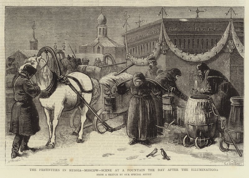 Les festivités en Russie, Moscou, scène à une fontaine le jour après les illuminations - Samuel Edmund Waller