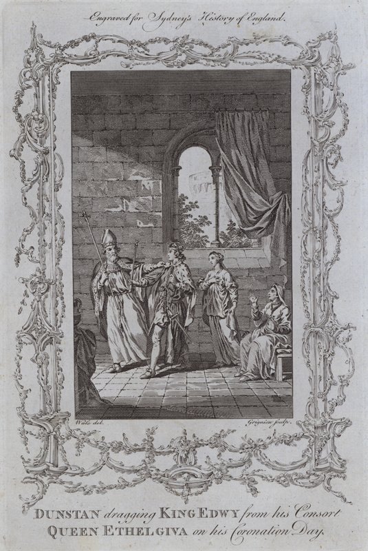 Dunstan traînant le roi Edwy loin de sa consort, la reine Ethelgiva, le jour de son couronnement (gravure) - Samuel (after) Wale