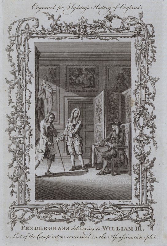 Pendergrass remettant à Guillaume III une liste des conspirateurs impliqués dans le complot d