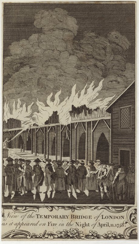 Vue du pont temporaire de Londres en feu la nuit du 11 avril 1758 - Samuel Wale