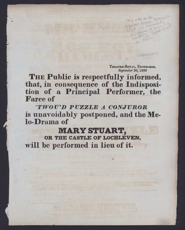 Avis de changement de programme au Théâtre Royal, Édimbourg, 30 septembre 1829 - Scottish School