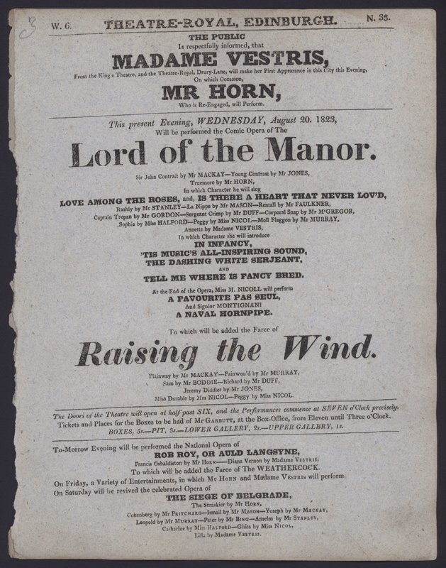 Programme de théâtre pour le Theatre Royal, Édimbourg, 20 août 1823 - Scottish School