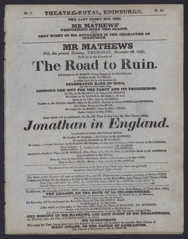 Programme de théâtre pour le Theatre Royal, Édimbourg, 29 décembre 1825 - Scottish School