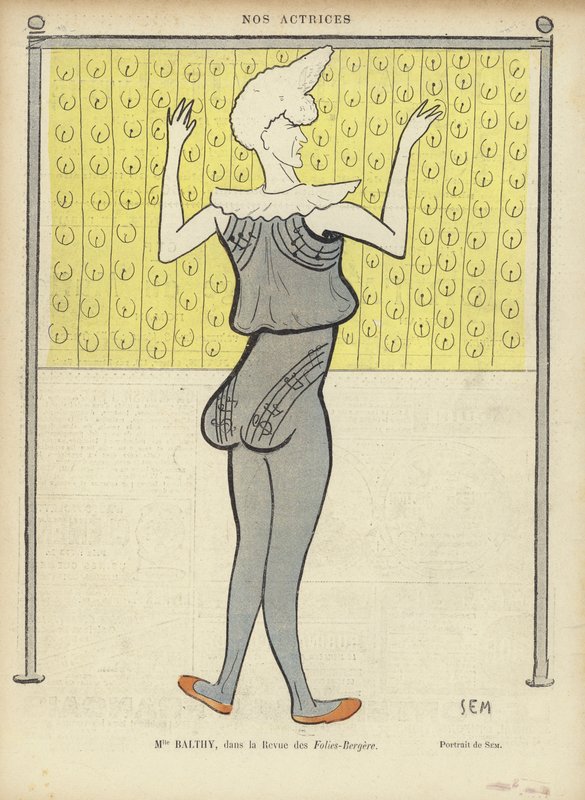 Louise Balthy, actrice française, aux Folies-Bergère, illustration pour Le Rire - Sem