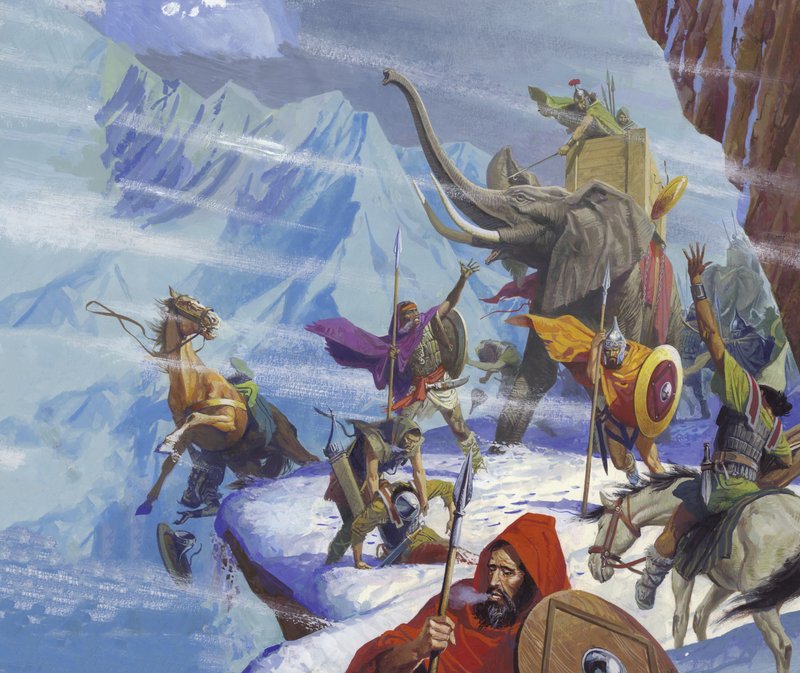 Hannibal (247-c.183 BC) traverse les Alpes (gouache sur papier) - Severino Baraldi