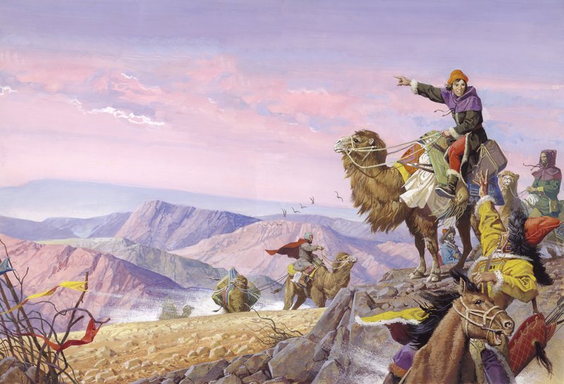 Marco Polo sur la longue route de Cathay, 20e siècle (gouache sur papier) - Severino Baraldi