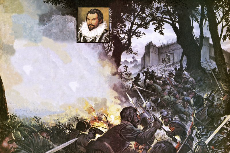 Les hommes de Sir Walter Raleigh attaquent un fort espagnol - Severino Baraldi