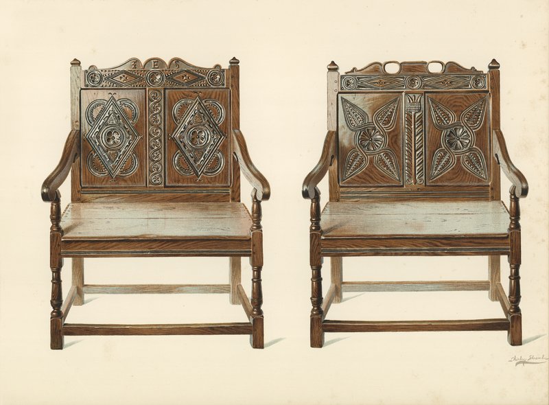 Chaises doubles en chêne (gallois), propriété de H Clarence Whaite - Shirley Charles Llewellyn Slocombe