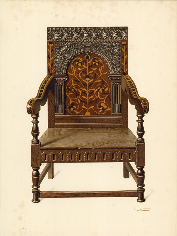 Chaise incrustée de chêne, propriété de Miss Dorothy Chune Fletcher - Shirley Charles Llewellyn Slocombe