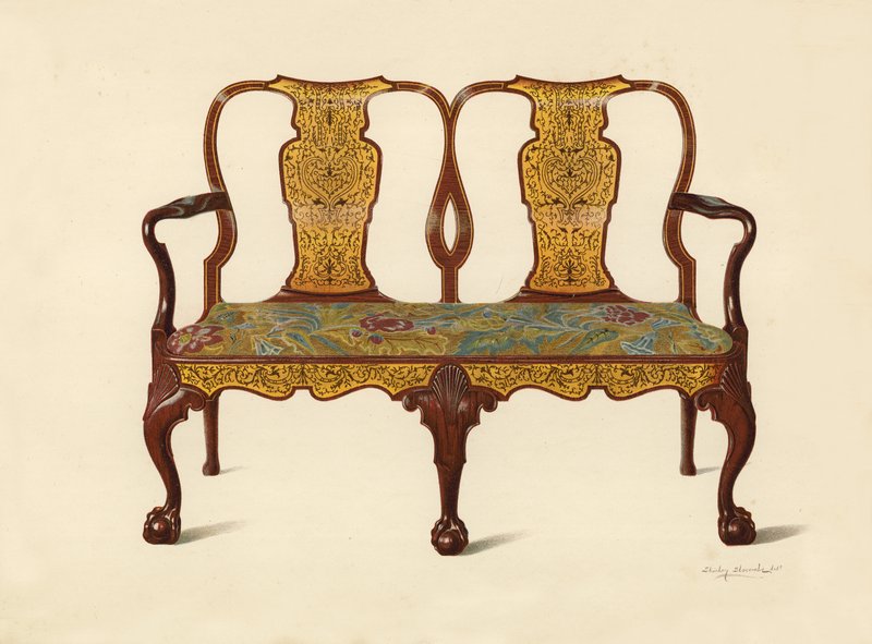 Canapé en noyer incrusté de marqueterie, propriété de Percy Macquoid - Shirley Charles Llewellyn Slocombe