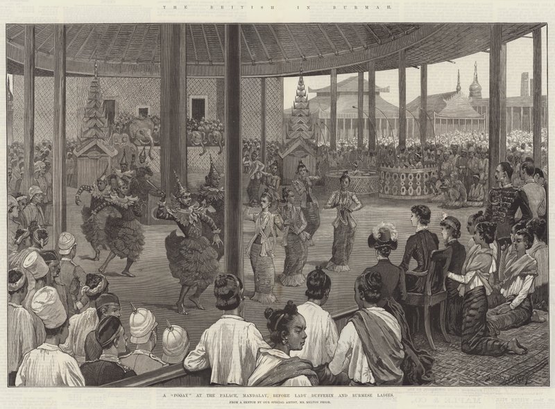 Les Britanniques en Birmanie, un Pooay au Palais, Mandalay, devant Lady Dufferin et les dames birmanes - Sidney Paget