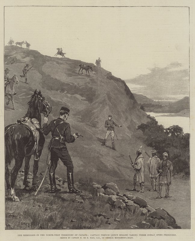 La rébellion dans le territoire du Nord-Ouest du Canada, le capitaine French (depuis tué) capturant trois espions indiens - Sidney Paget