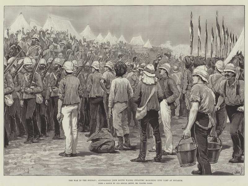La guerre au Soudan, infanterie australienne (Nouvelle-Galles du Sud) entrant dans le camp à Souakim - Sidney Paget