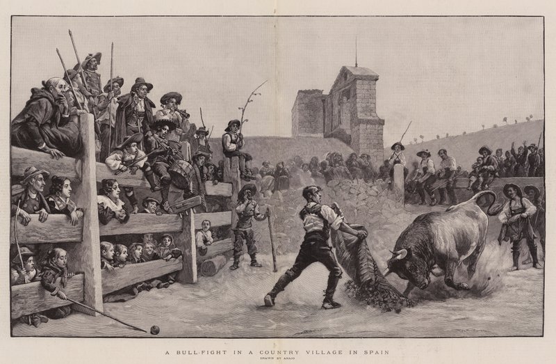 Une corrida dans un village espagnol (gravure) - Spanish School