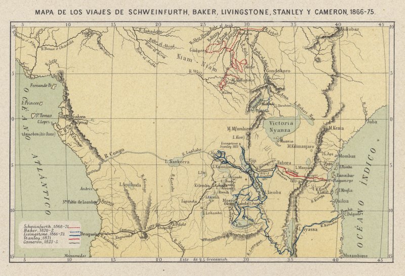 Carte montrant les voyages des explorateurs Georg August Schweinfurth, Samuel Baker, David Livingstone, Henry Morton Stanley et Verney Lovett Cameron en Afrique - Spanish School