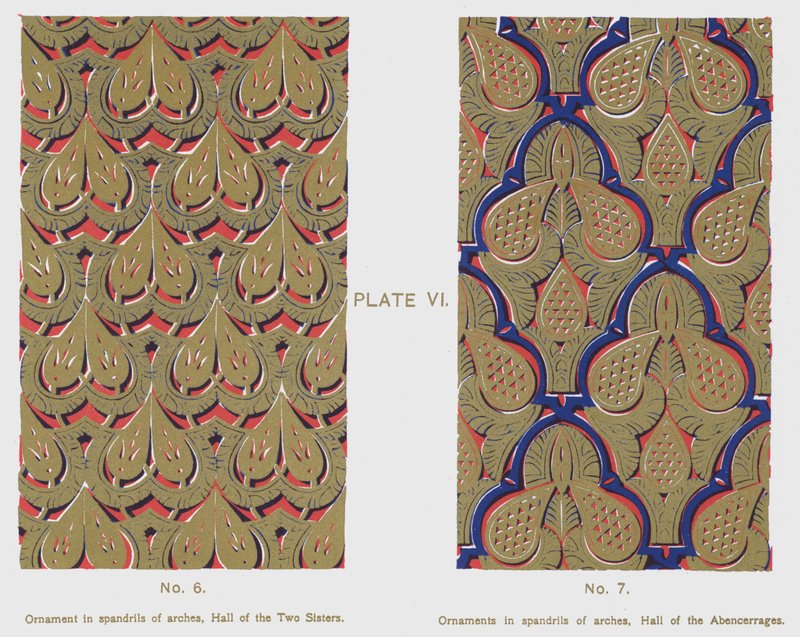 Ornement dans les écoinçons des arcs, Salle des Deux Sœurs, Ornements dans les écoinçons des arcs, Salle des Abencérages (lithographie en couleur) - Spanish School