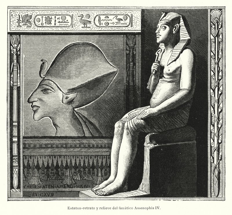 Statue assise et relief du pharaon égyptien ancien Akhenaton (Amenhotep IV) (lithographie) - Spanish School