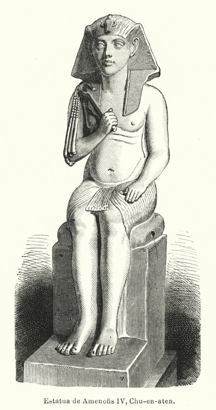Statue du pharaon égyptien ancien Amenhotep IV (Akhenaton) (lithographie) - Spanish School
