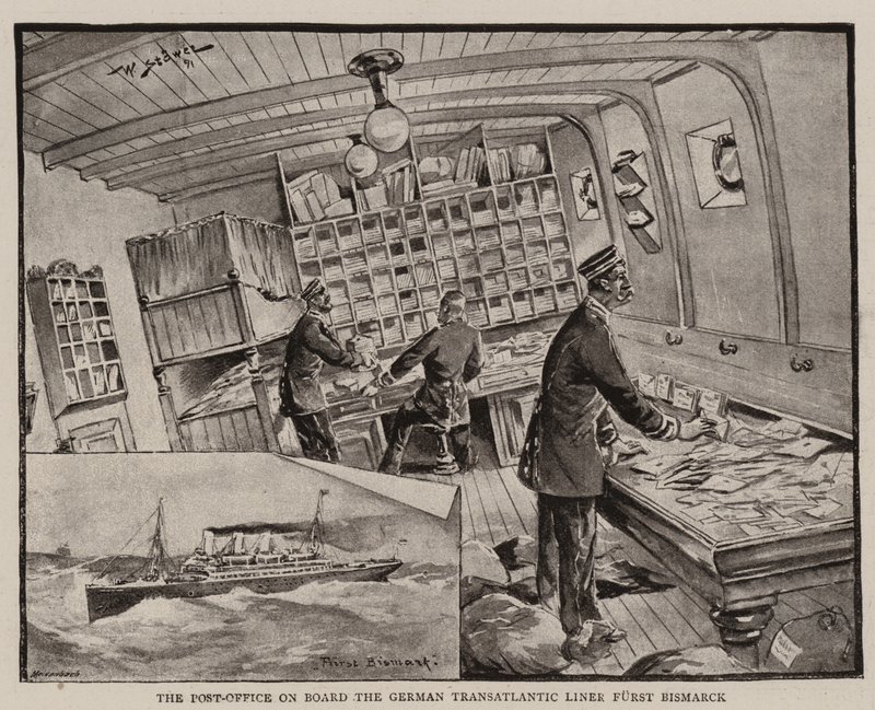 Le bureau de poste à bord du paquebot transatlantique allemand Furst Bismarck - Stoewer Willy