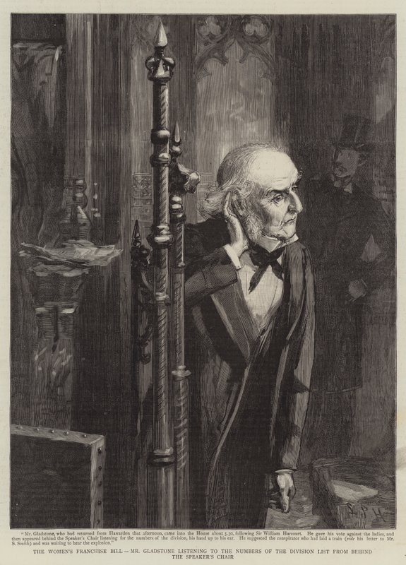 Le projet de loi sur le droit de vote des femmes, M. Gladstone écoutant les numéros de la liste de division derrière la chaise du président (gravure) - Sydney Prior (after) Hall